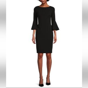 Calvin Klein Black Sheath Dress with Bateau Neckline and 3/4 Bell Sleeve